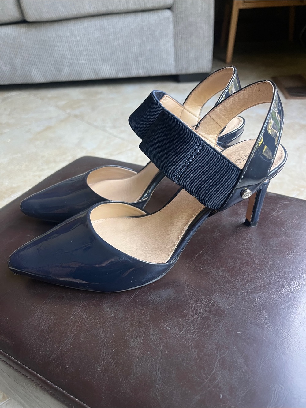 ANTONIO MELANI Navy Patent Slingback Heels with Wide Elastic Strap 6.5